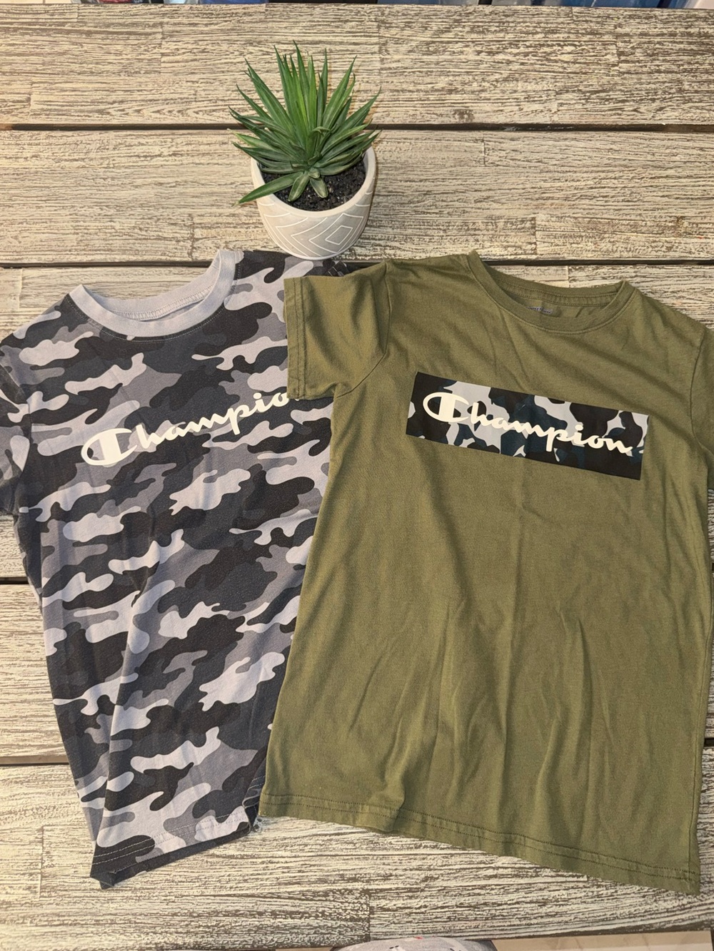 Set of 2 Champion Olive Green Tee & Gray Camouflage Logo T-Shirt, Sz Large